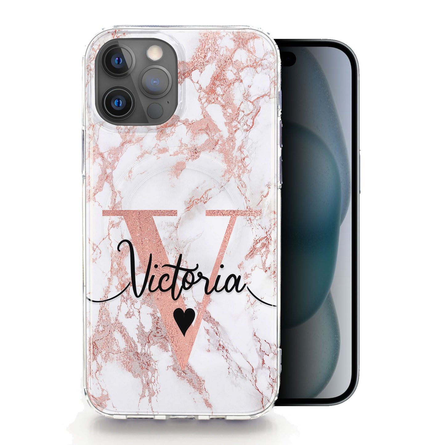 Personalised Magsafe iPhone Case - Rose Marble and Monogram Heart