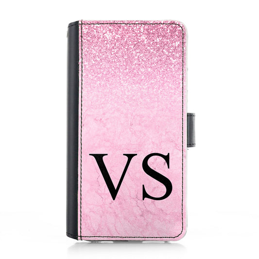 Personalised Google Leather Case - Pink Glitter Marble and Monogram