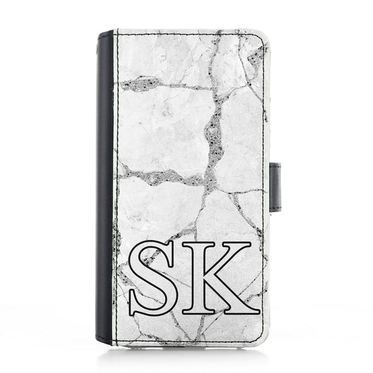 Personalised Samsung Leather Case - White Marble Monogram