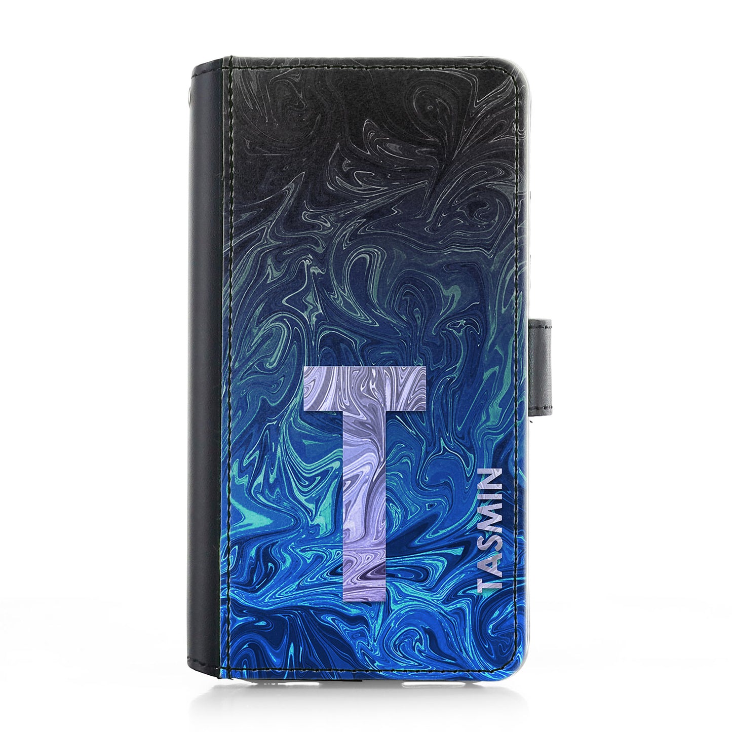 Personalised iPhone Leather Case - Blue/Black Swirl and Initial/Name