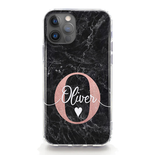 Personalised Magsafe iPhone Case - Black Marble and Monogram Heart