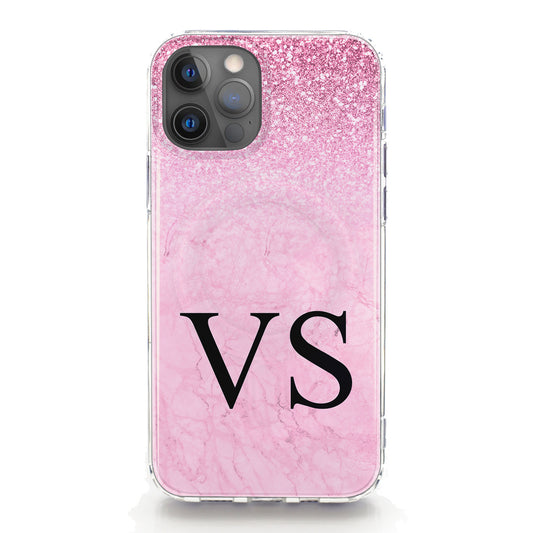 Personalised Magsafe iPhone Case - Pink Glitter Marble and Monogram
