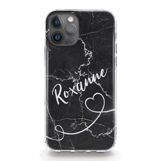 Personalised Magsafe iPhone Case - Black Marble with Looped Heart with Name
