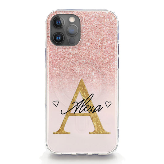 Personalised Magsafe iPhone Case - Pink Glitter Effect and Gold Initial/Name