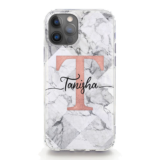 Personalised Magsafe iPhone Case - Grey Check Marble and Pink Monogram