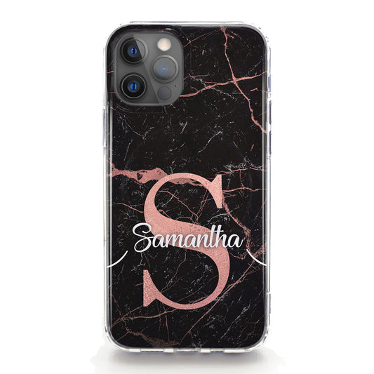 Personalised Magsafe iPhone Case - Black Marble and Pink Initial/Name