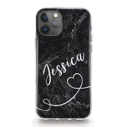 Personalised Magsafe iPhone Case - Black Marble and Heart Name