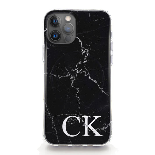 Personalised Magsafe iPhone Case - Black Marble and Monogram