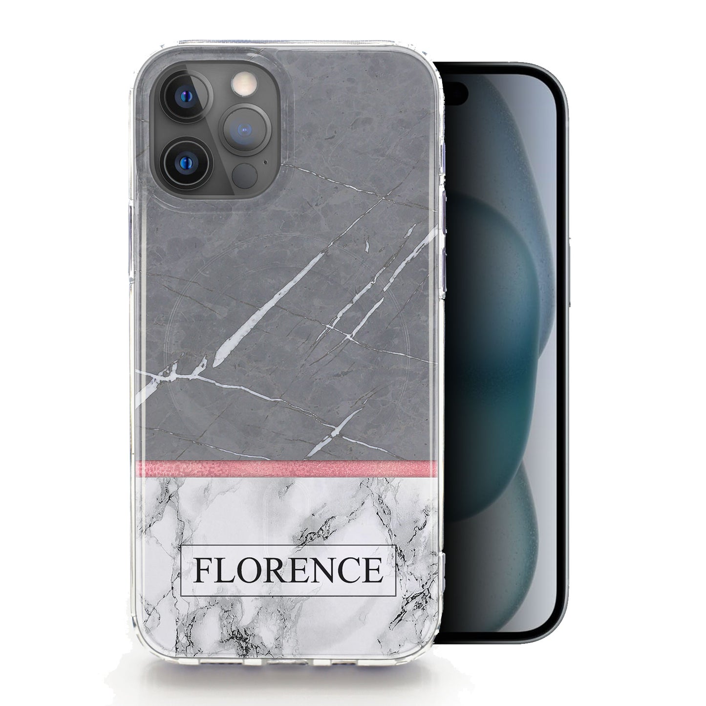 Personalised Magsafe iPhone Case - Grey and White Marble with Name