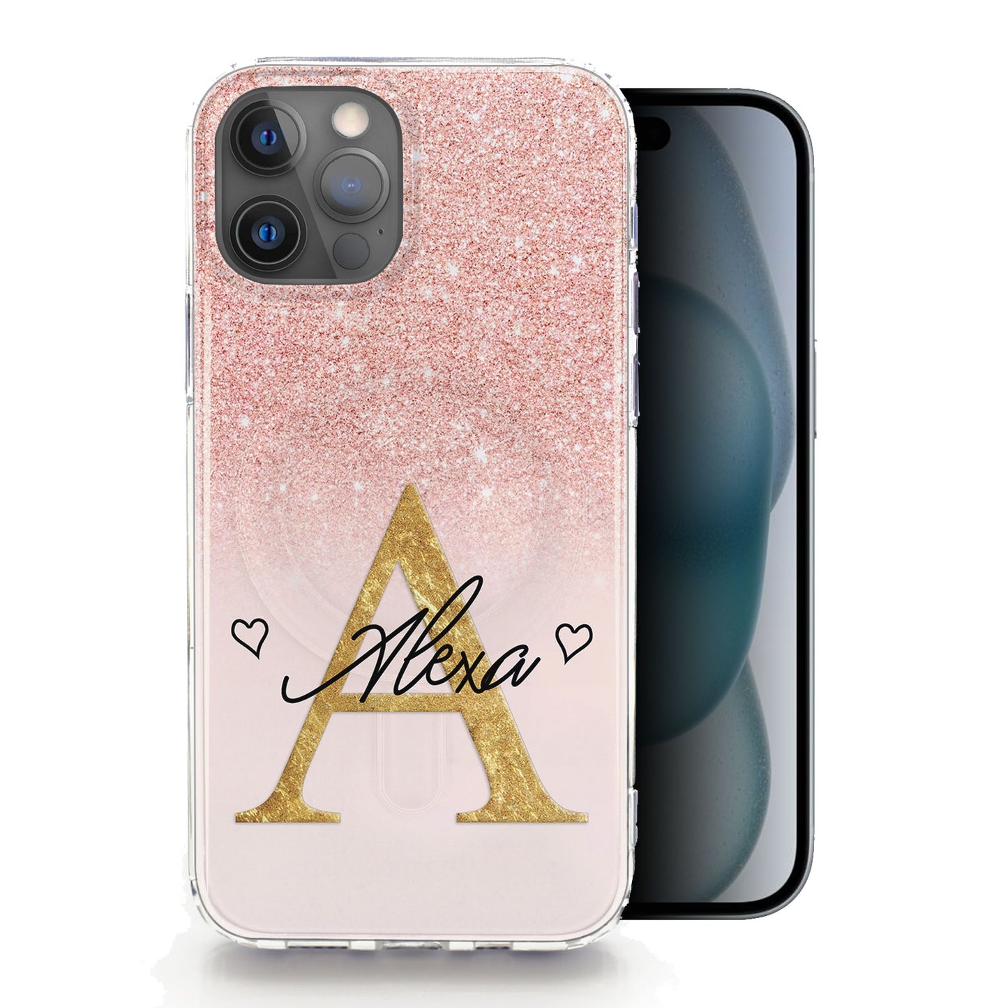 Personalised Magsafe iPhone Case - Pink Glitter Effect and Gold Initial/Name