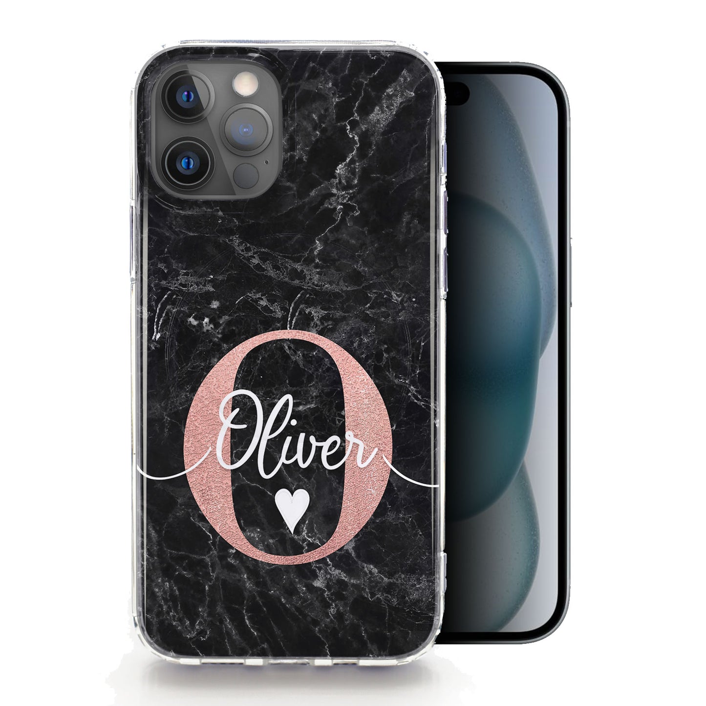 Personalised Magsafe iPhone Case - Black Marble and Monogram Heart