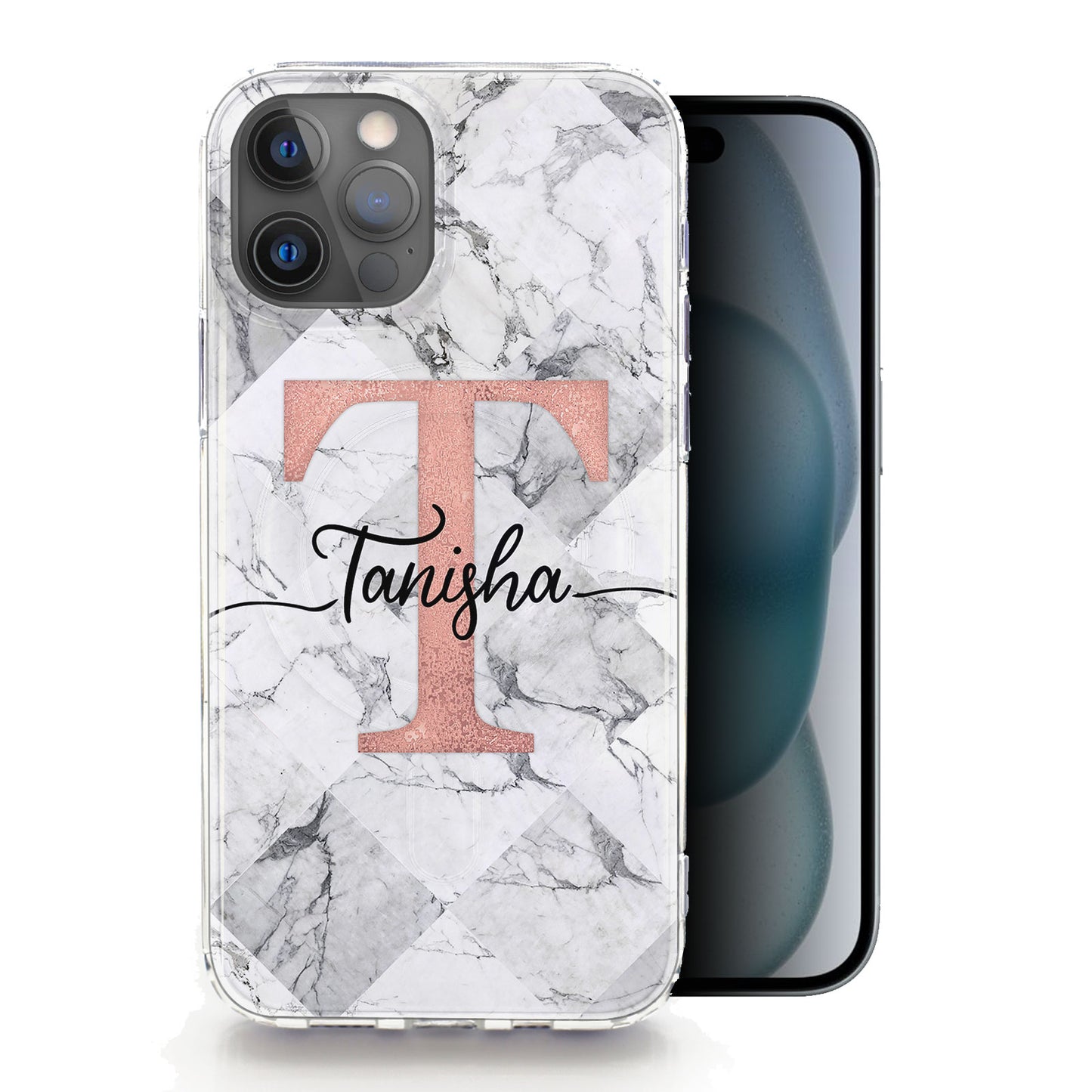 Personalised Magsafe iPhone Case - Grey Check Marble and Pink Monogram