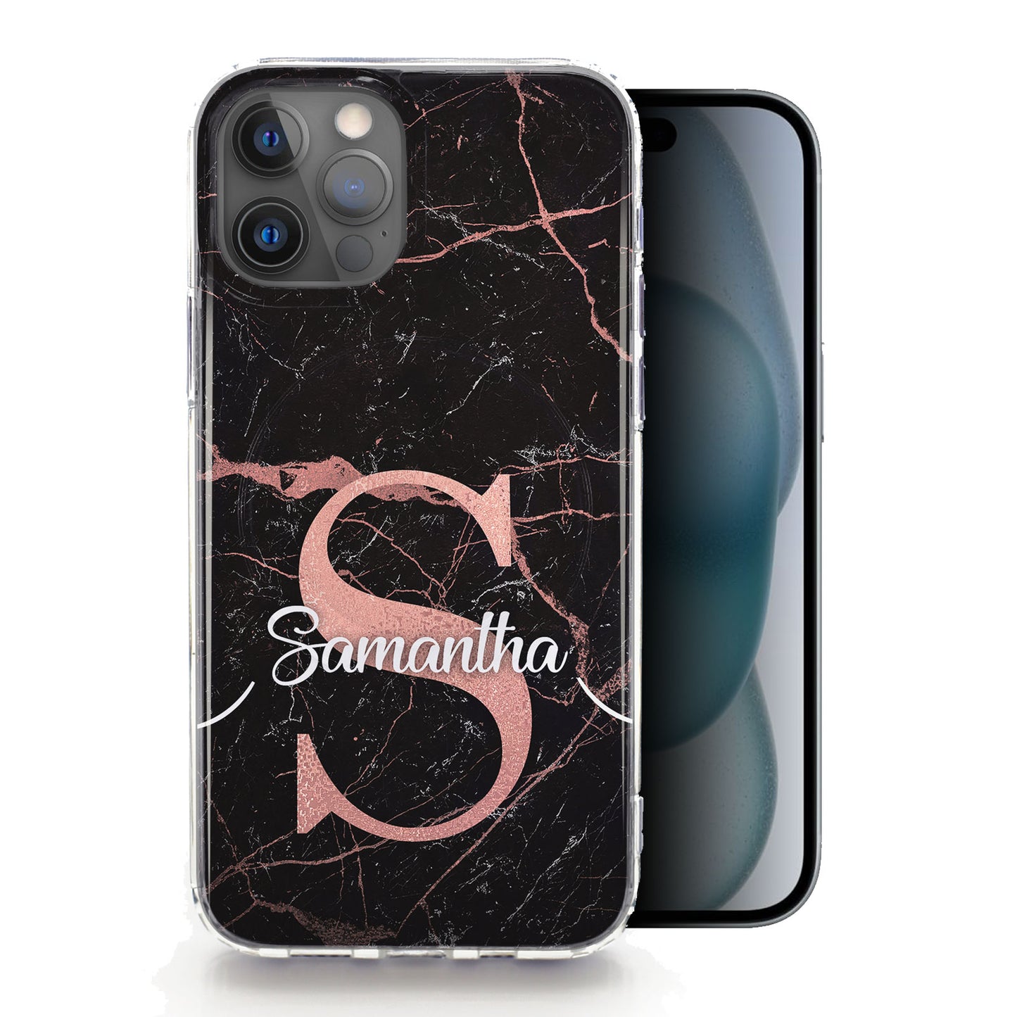 Personalised Magsafe iPhone Case - Black Marble and Pink Initial/Name