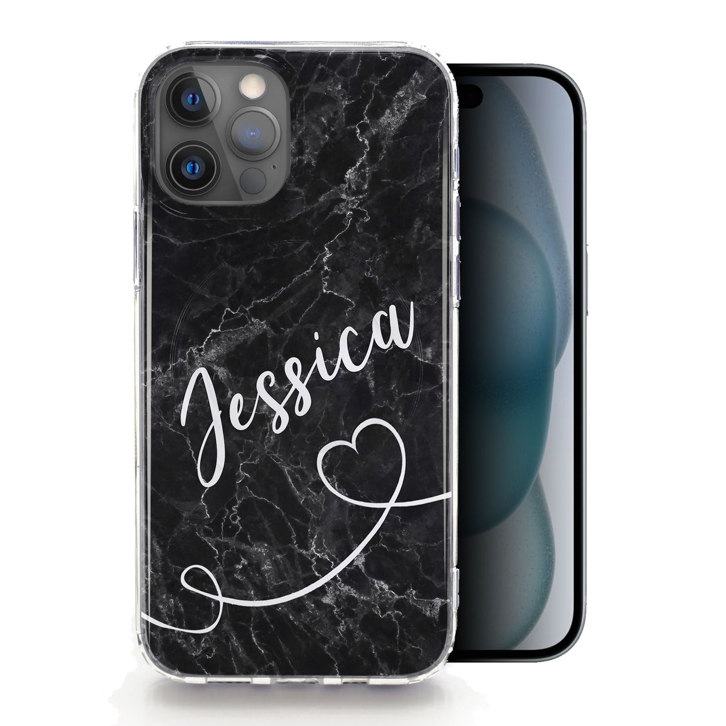 Personalised Magsafe iPhone Case - Black Marble and Heart Name