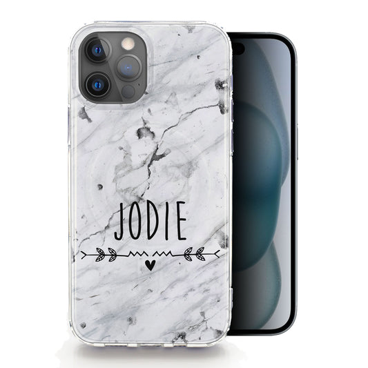 Personalised Magsafe iPhone Case - Grey Marble with Heart and Name