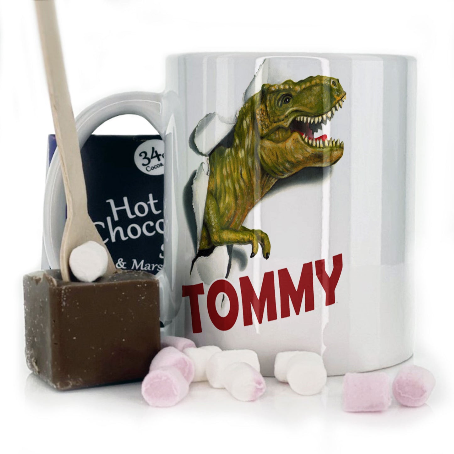 Personalisierte Tasse mit rotem, fettgedrucktem Text und T-Rex