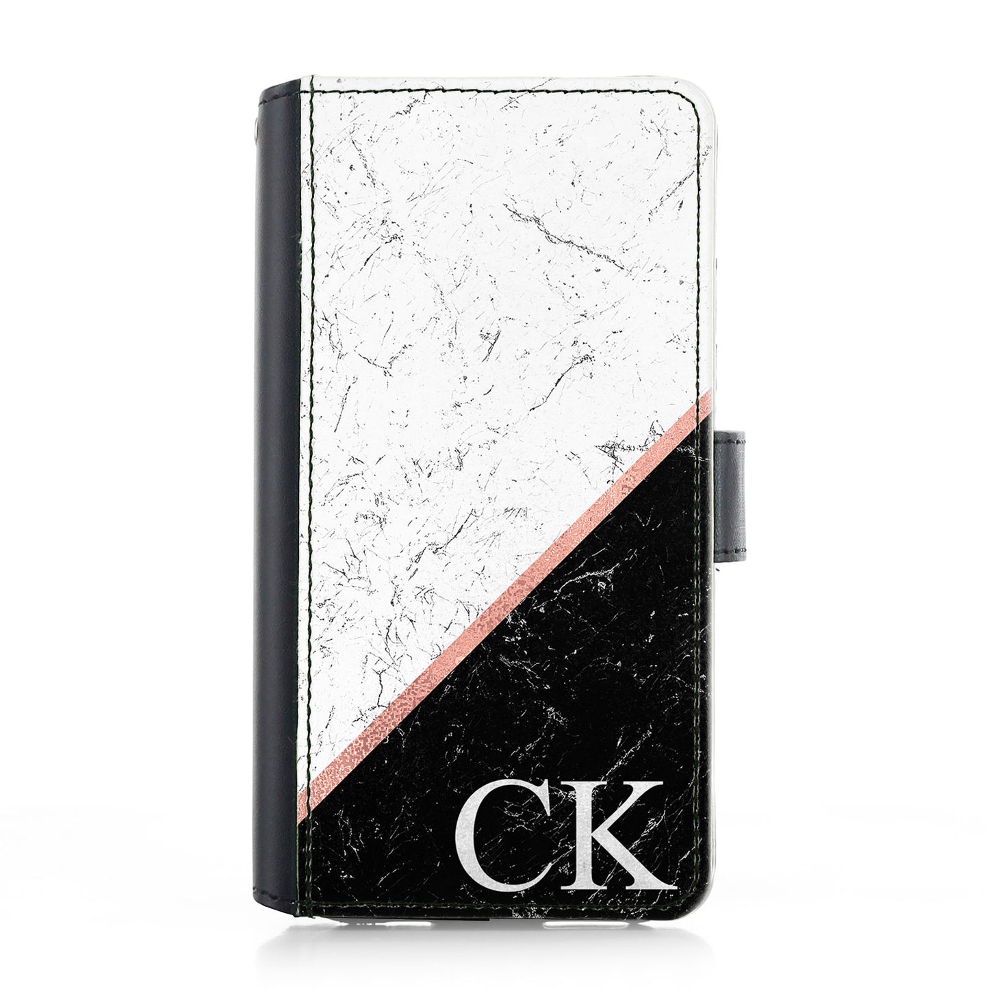Personalised iPhone Leather Case - White/Black Stripe Marble Monogram