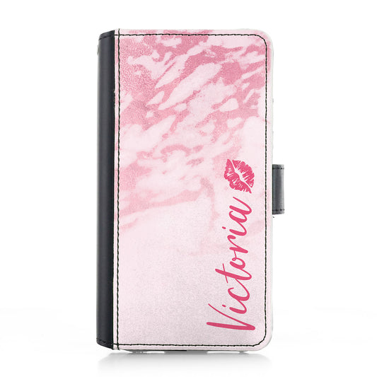 Personalised iPhone Leather Case - Pink Marble and Kiss Name
