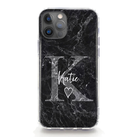 Personalised Magsafe iPhone Case - Black Marble and Grey Monogram Name