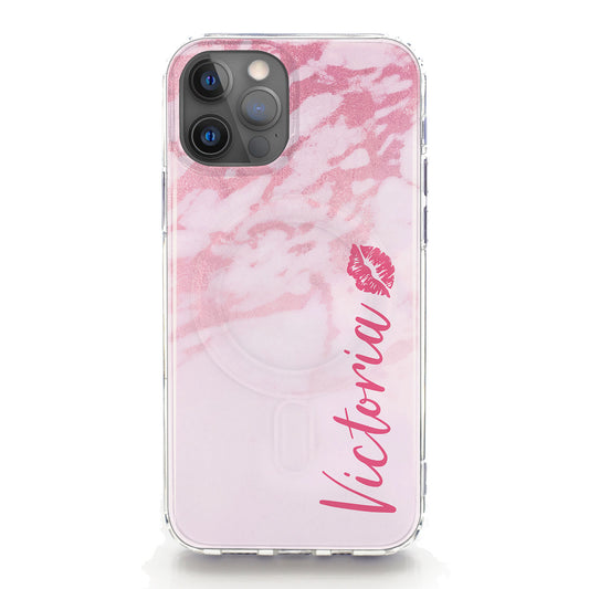 Personalised Magsafe iPhone Case - Pink Marble and Kiss Name