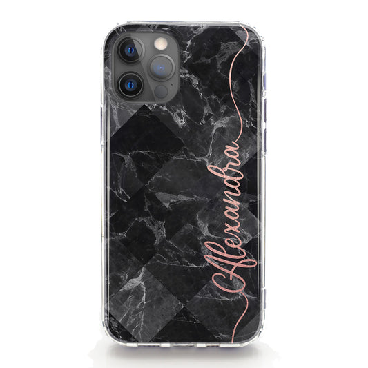 Personalised Magsafe iPhone Case - Black Check Marble and Pink Name