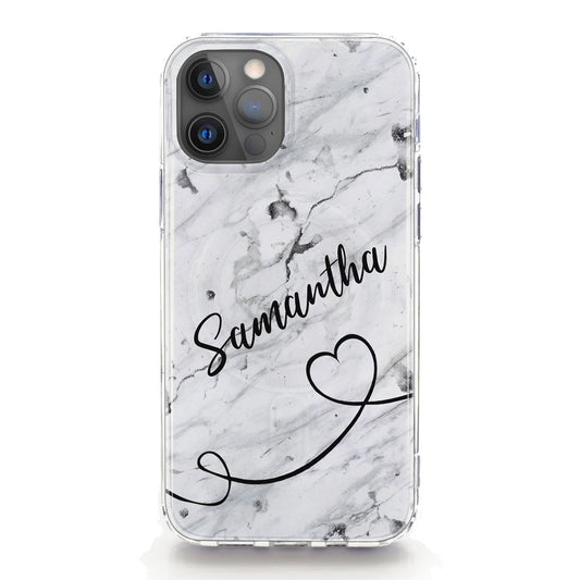 Personalised Magsafe iPhone Case - Grey Marble and Looped Heart with Name
