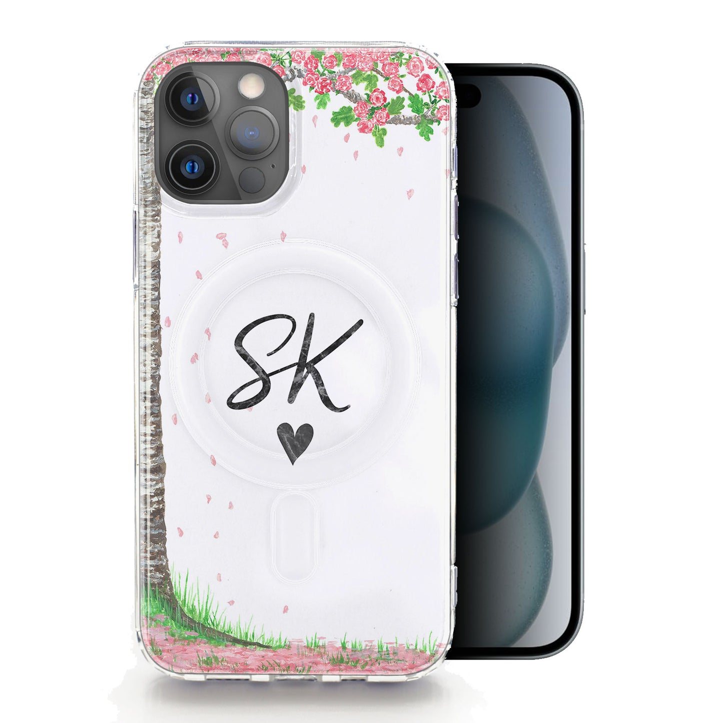 Personalised Magsafe iPhone Case - Pink Blossom and Monogram