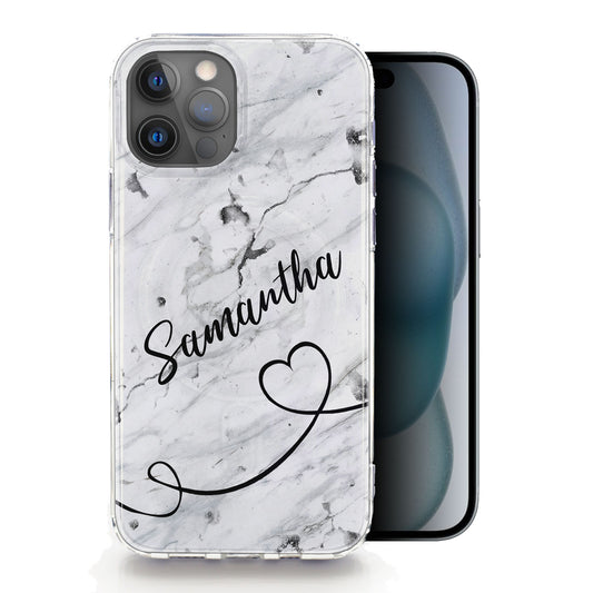 Personalised Magsafe iPhone Case - Grey Marble and Looped Heart with Name