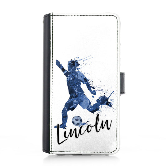 Personalised Google Leather Case - Blue Footballer and Name