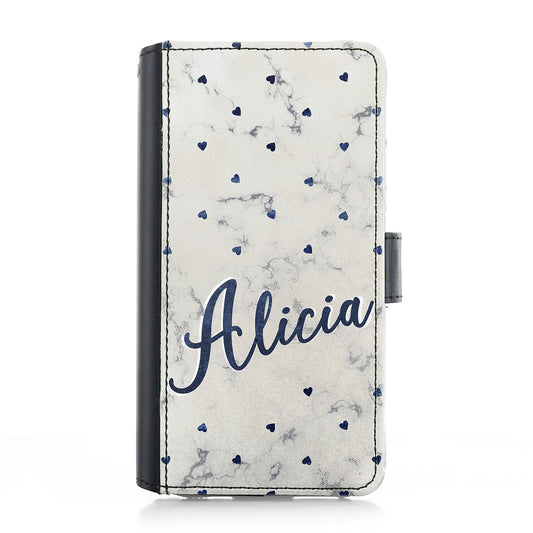 Personalised Samsung Leather Case - Navy Hearts and Name