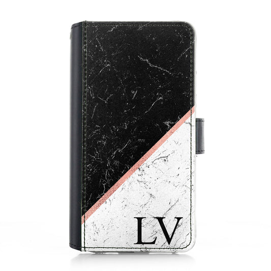 Personalised iPhone Leather Case - Black/White Stripe Marble Monogram