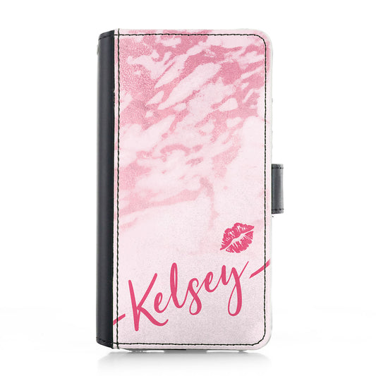 Personalised Google Leather Case - Pink Marble and Kiss