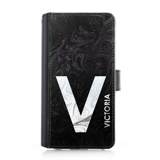 Personalised iPhone Leather Case - Black/White Swirl and Initial/Name