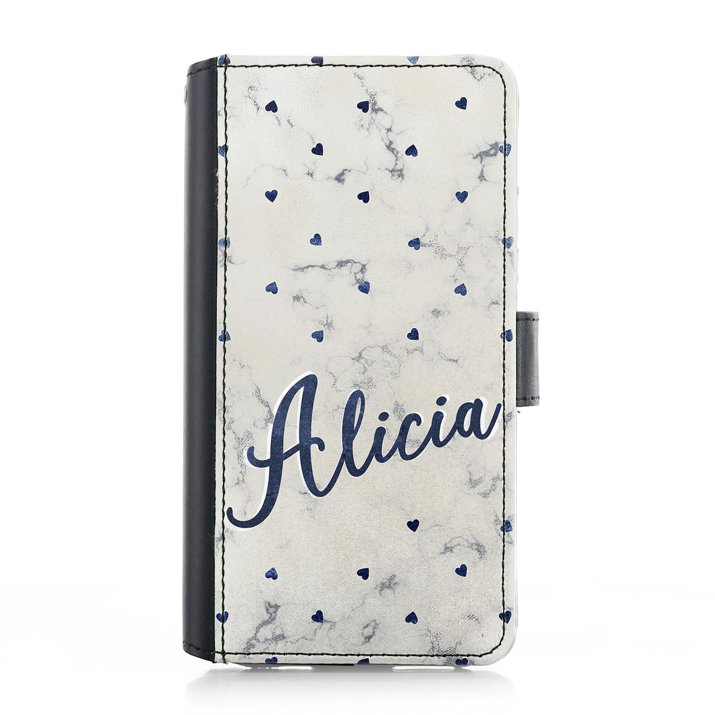 Personalised iPhone Leather Case - Navy Hearts and Name