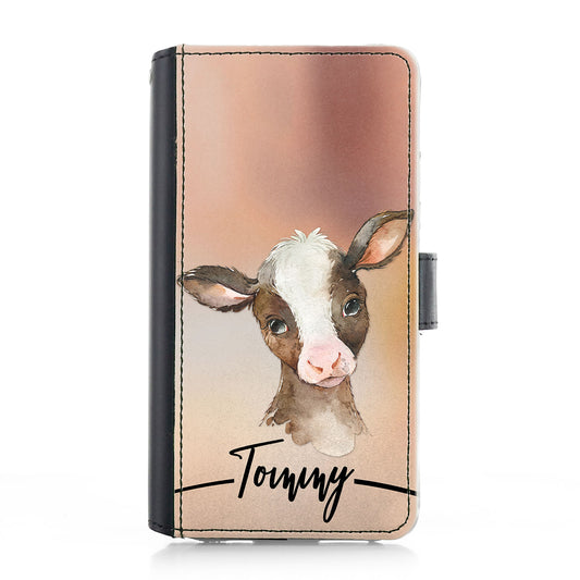 Personalised iPhone Leather Case - Brown Cow and Name
