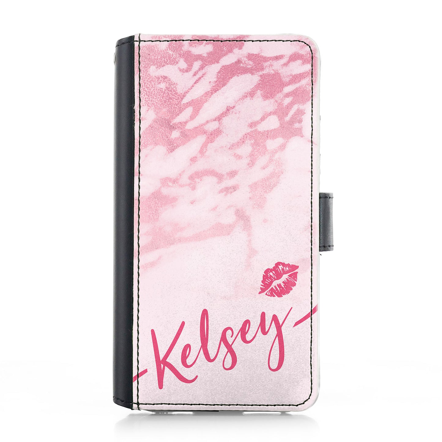 Personalised iPhone Leather Case - Pink Marble and Kiss