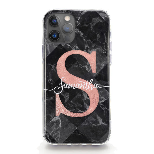 Personalised Magsafe iPhone Case - Black Check Marble and Pink Monogram
