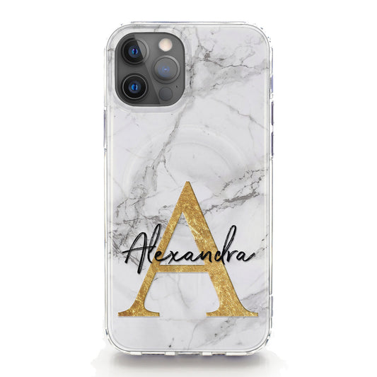 Personalised Magsafe iPhone Case - Gold Monogram on Grey Marble