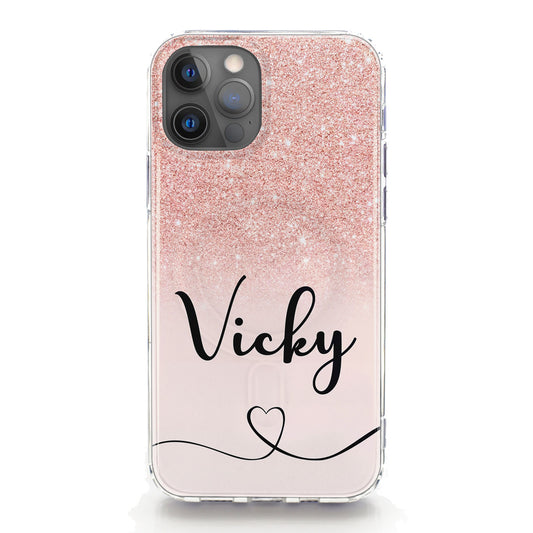 Personalised Magsafe iPhone Case - Pink Glitter Effect and Heart Name
