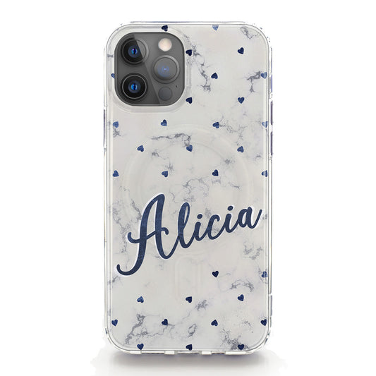 Personalised Magsafe iPhone Case - Navy Hearts and Name