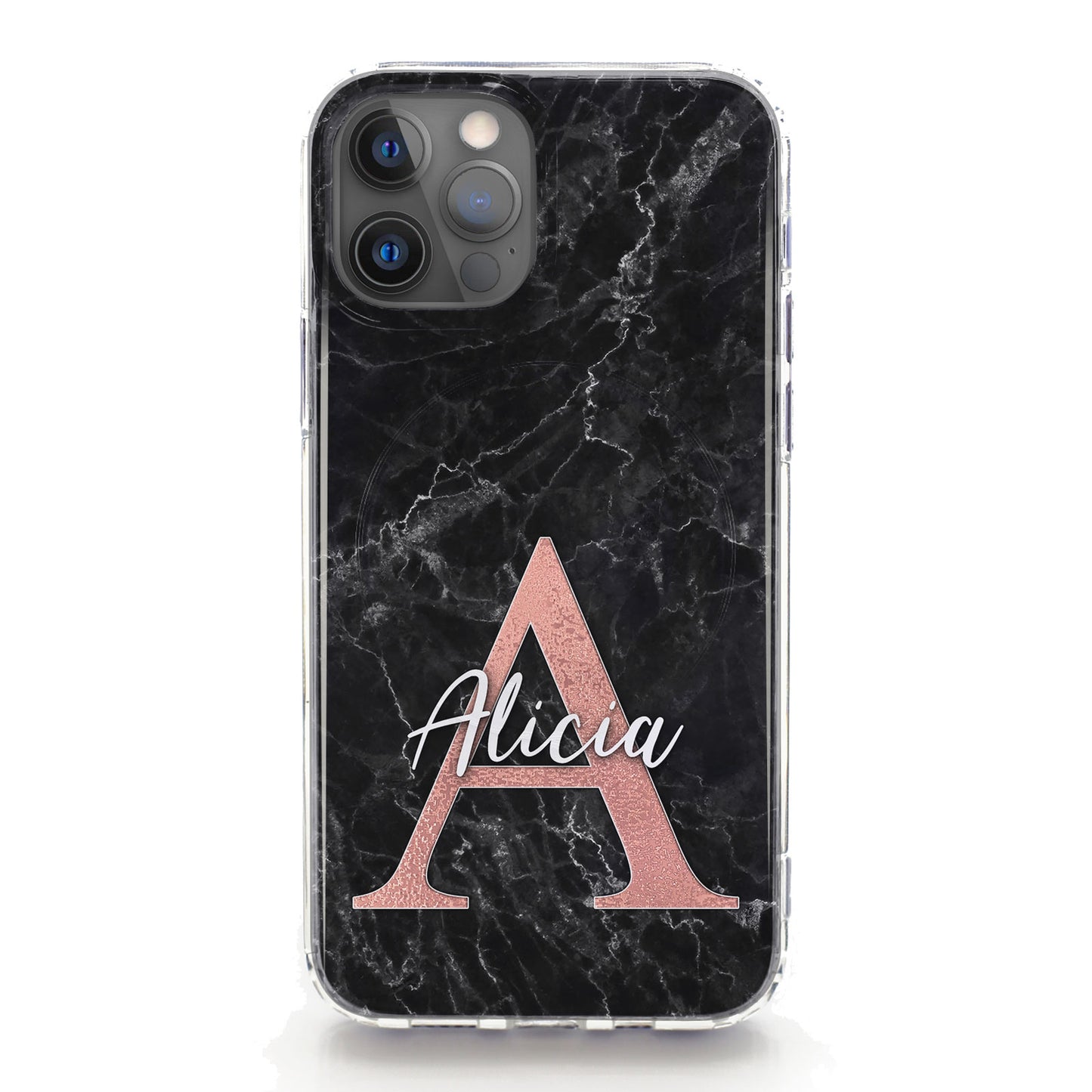 Personalised Magsafe iPhone Case - Black and Pink Monogram Marble