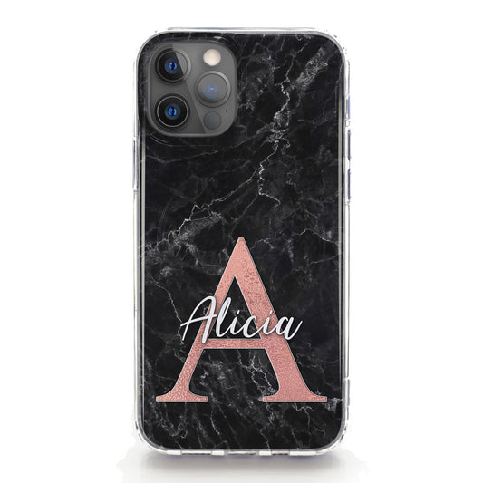 Personalised Magsafe iPhone Case - Black and Pink Monogram Marble