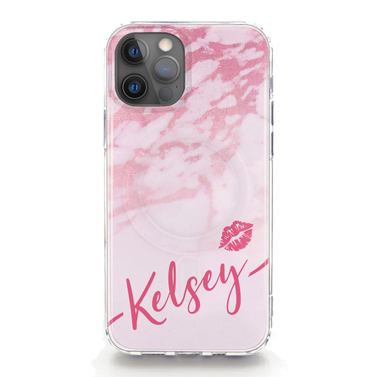 Personalised Magsafe iPhone Case - Pink Marble and Kiss
