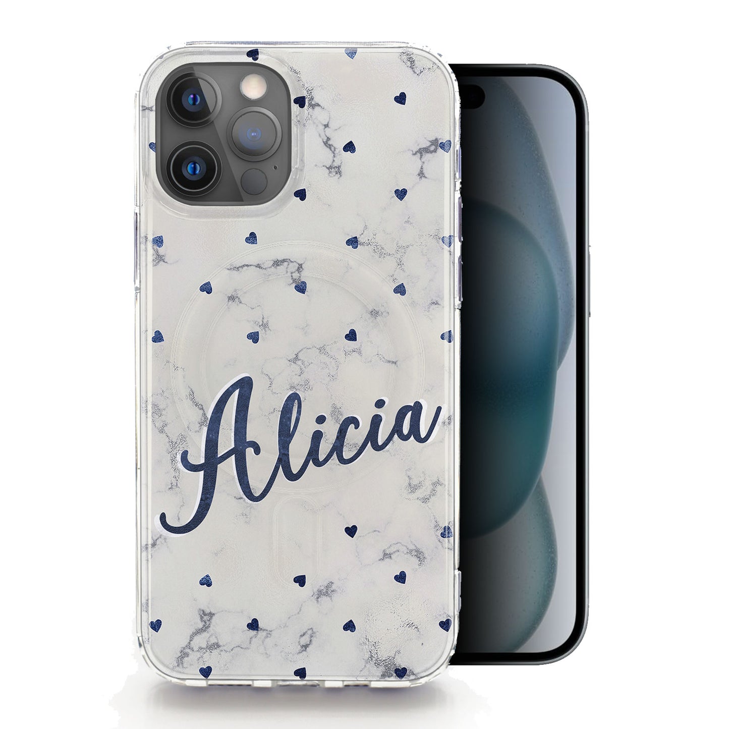 Personalised Magsafe iPhone Case - Navy Hearts and Name