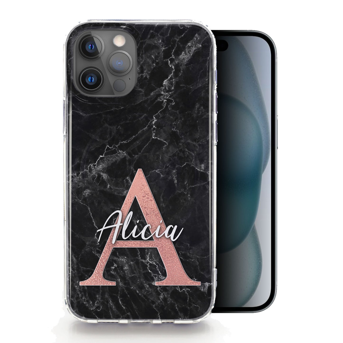 Personalised Magsafe iPhone Case - Black and Pink Monogram Marble