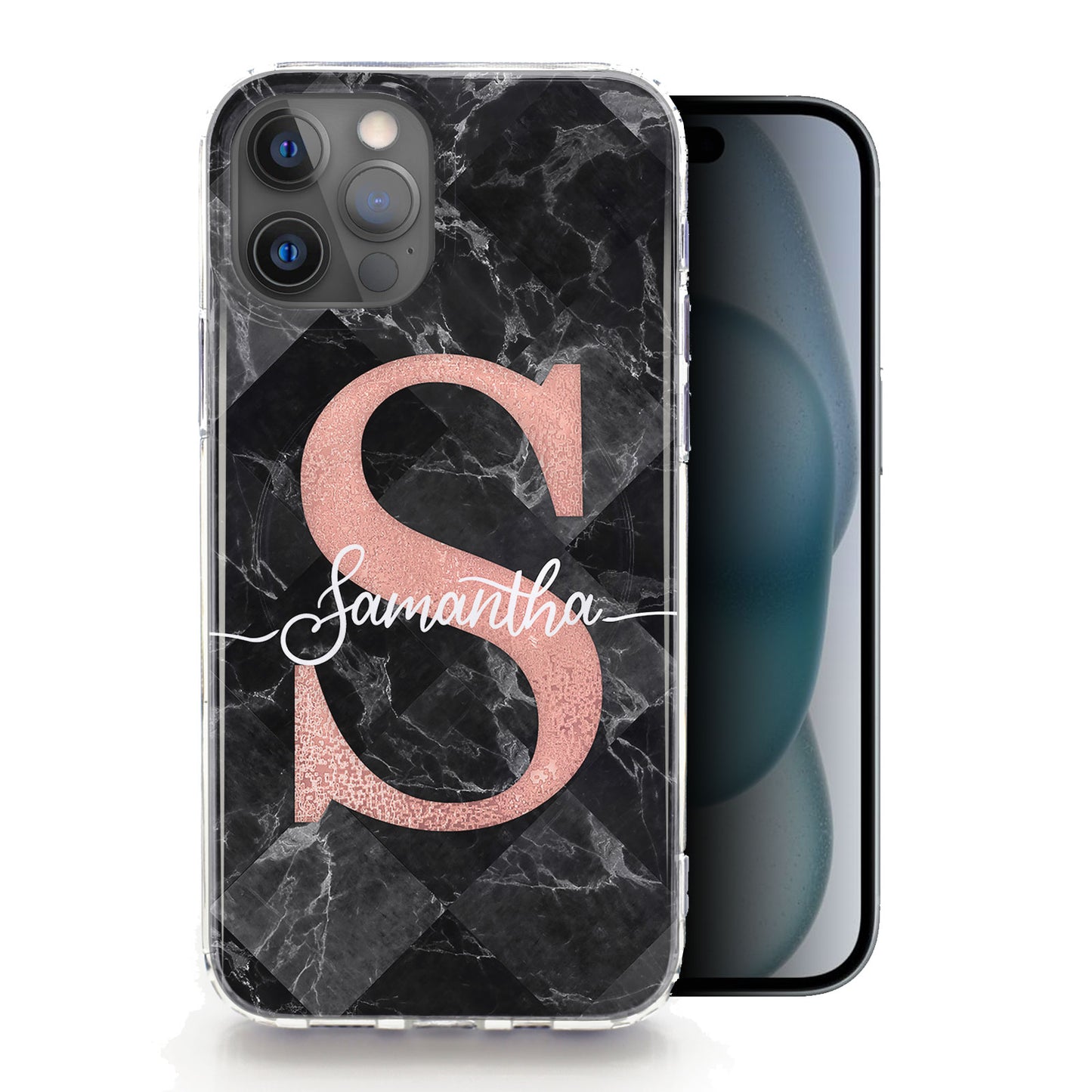 Personalised Magsafe iPhone Case - Black Check Marble and Pink Monogram