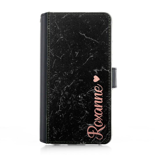 Personalised iPhone Leather Case - Black Marble and Pink Heart Name