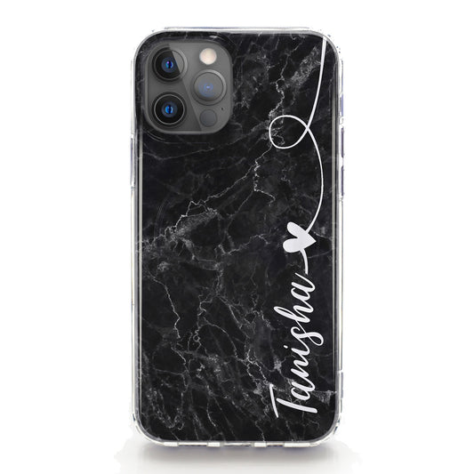 Personalised Magsafe iPhone Case - Black Marble and Love Heart Name