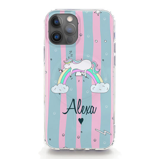 Personalised Magsafe iPhone Case - Blue/Pink Rainbow Unicorn and Name