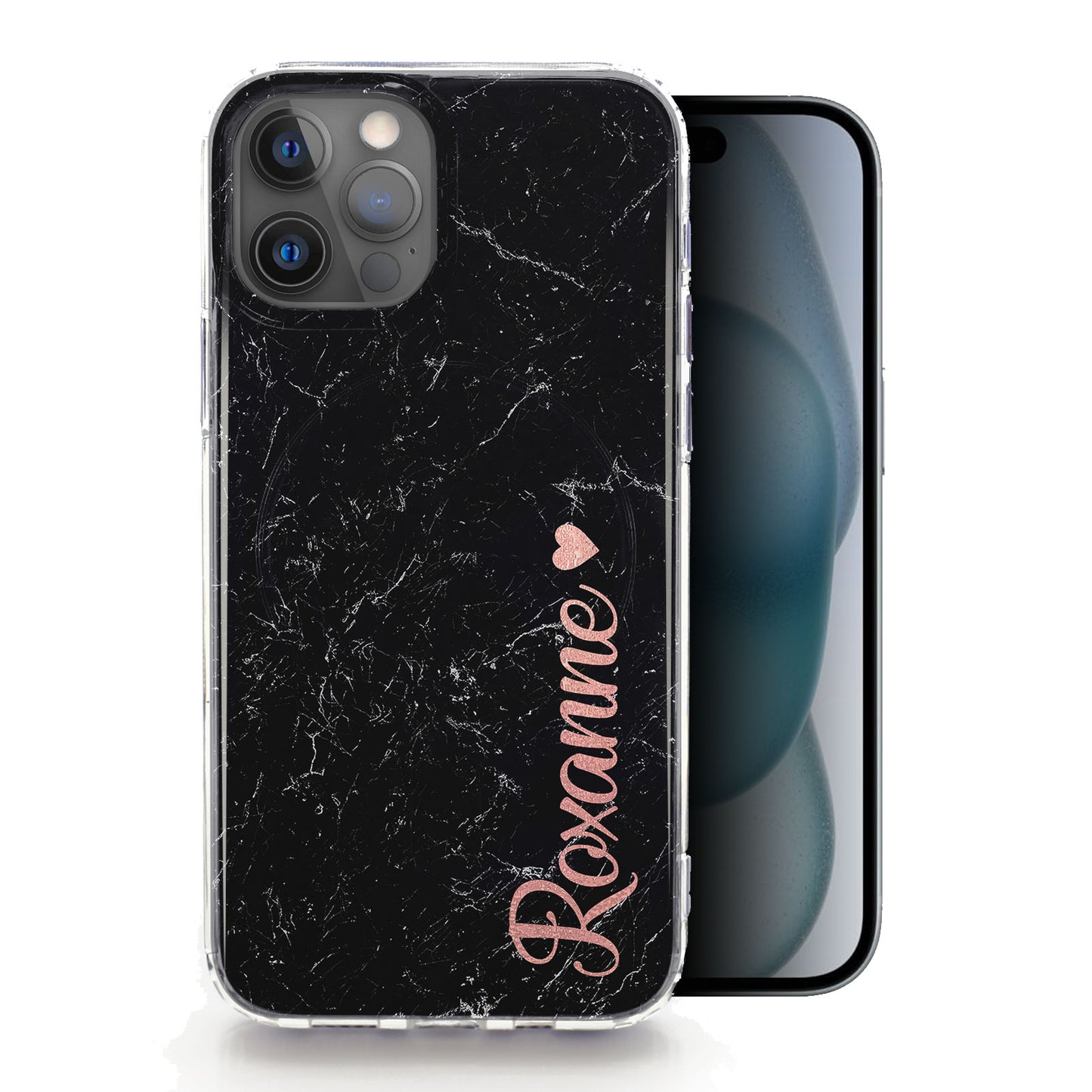 Personalised Magsafe iPhone Case - Black Marble and Pink Heart Name